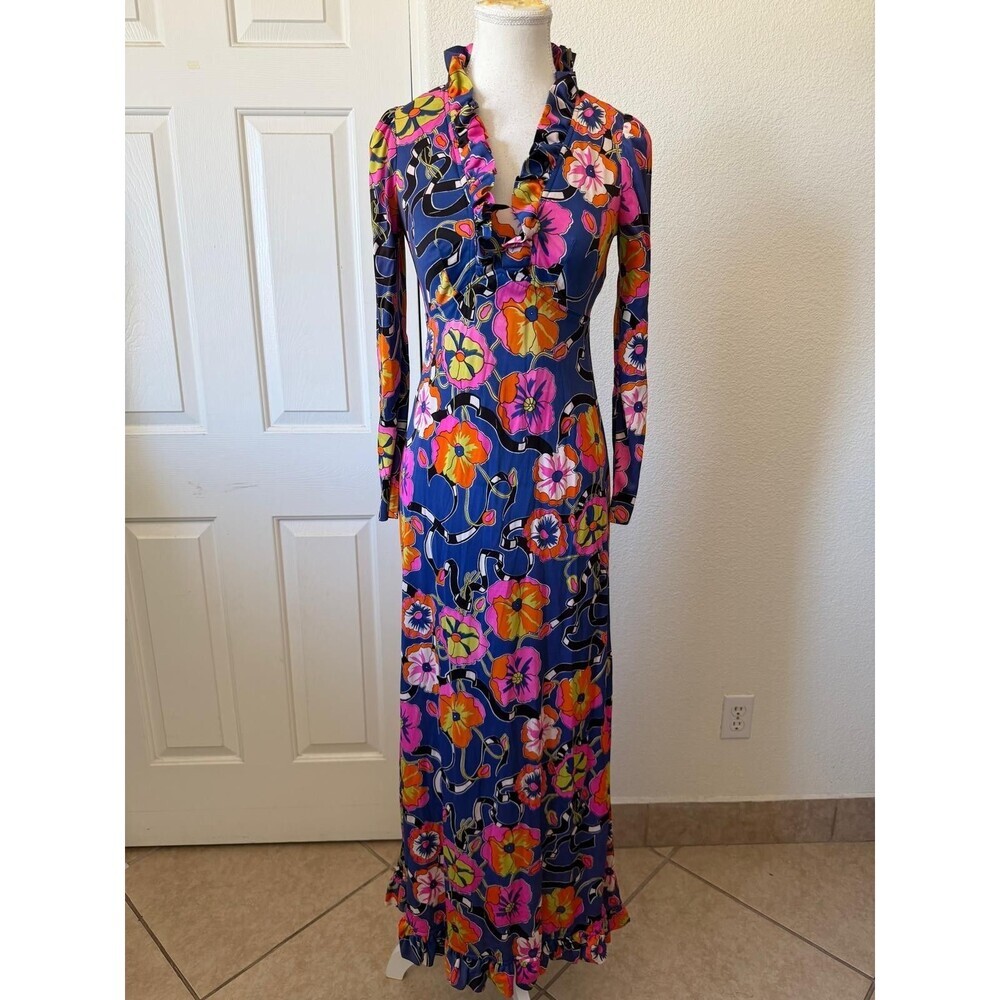 Patricia Fair XS Blue Floral Ruffle V neck Maxi Dress Long Sleeve - Picture 2 of 16